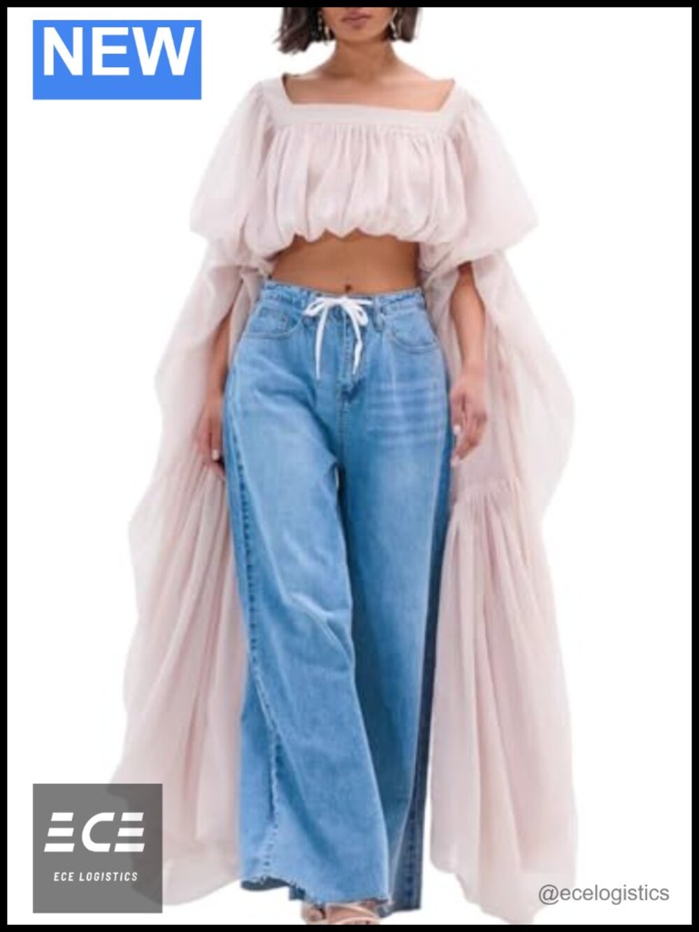 Wuitrie Square Neck Chiffon Crop Top with Ruffled Puff Sleeves